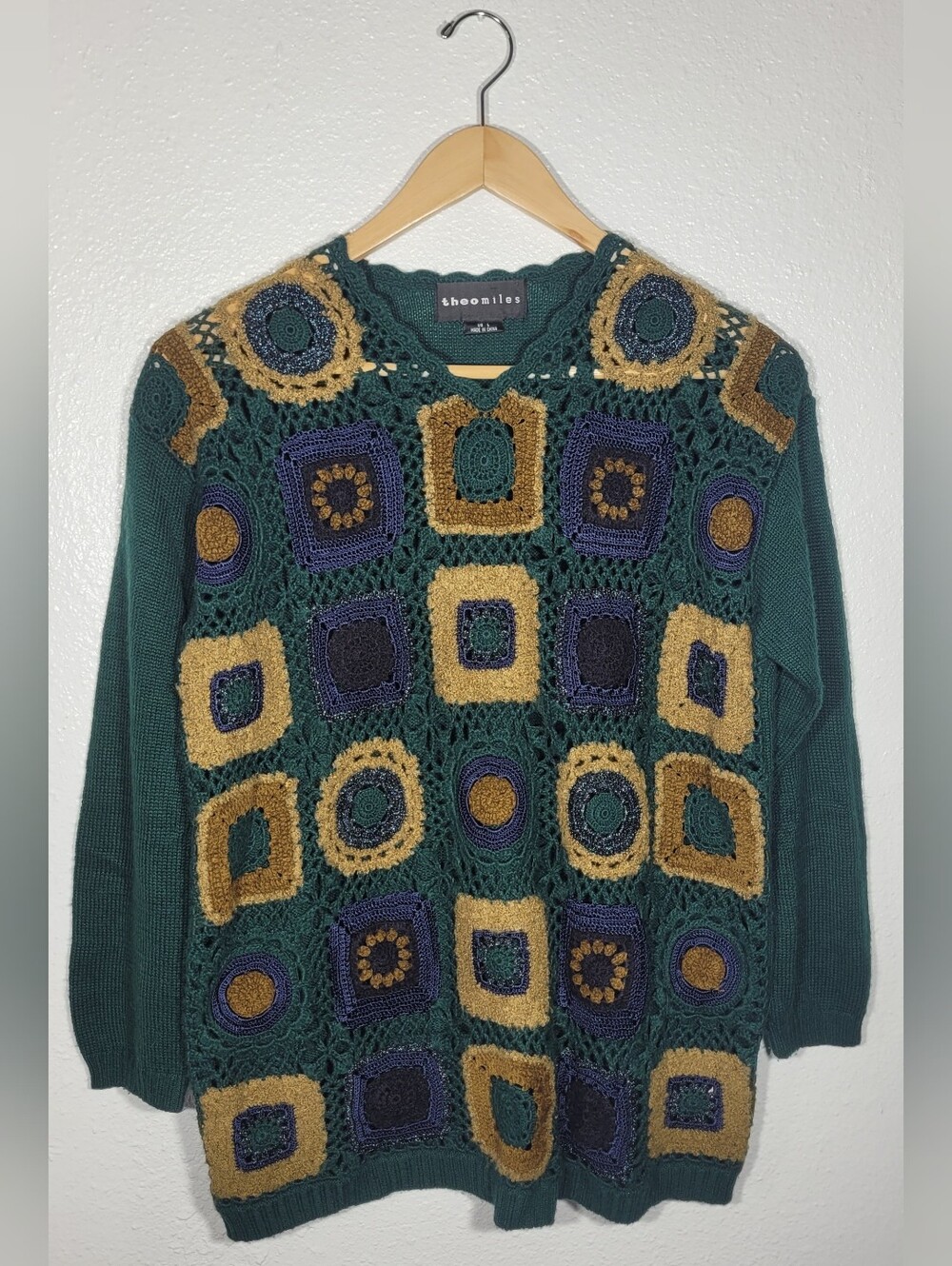 VTG Theo Miles Crochet Patchwork Wool Sweater Large Green Boho Granny Square